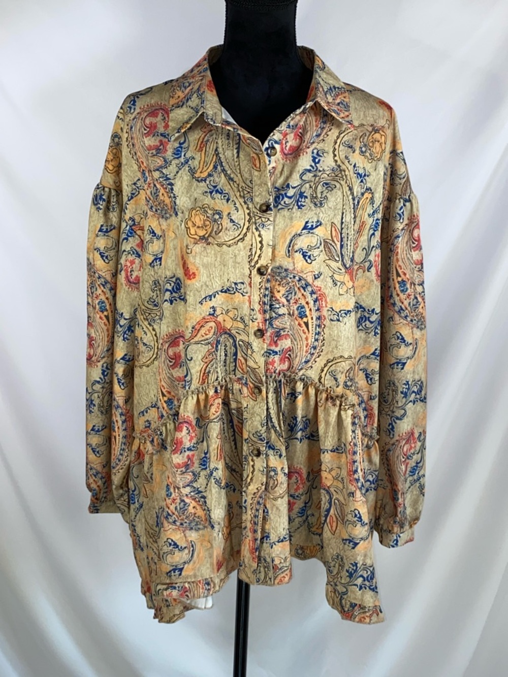 Women’s 3X Paisley Boho Peplum Blouse Button Front Flowy Plus Size